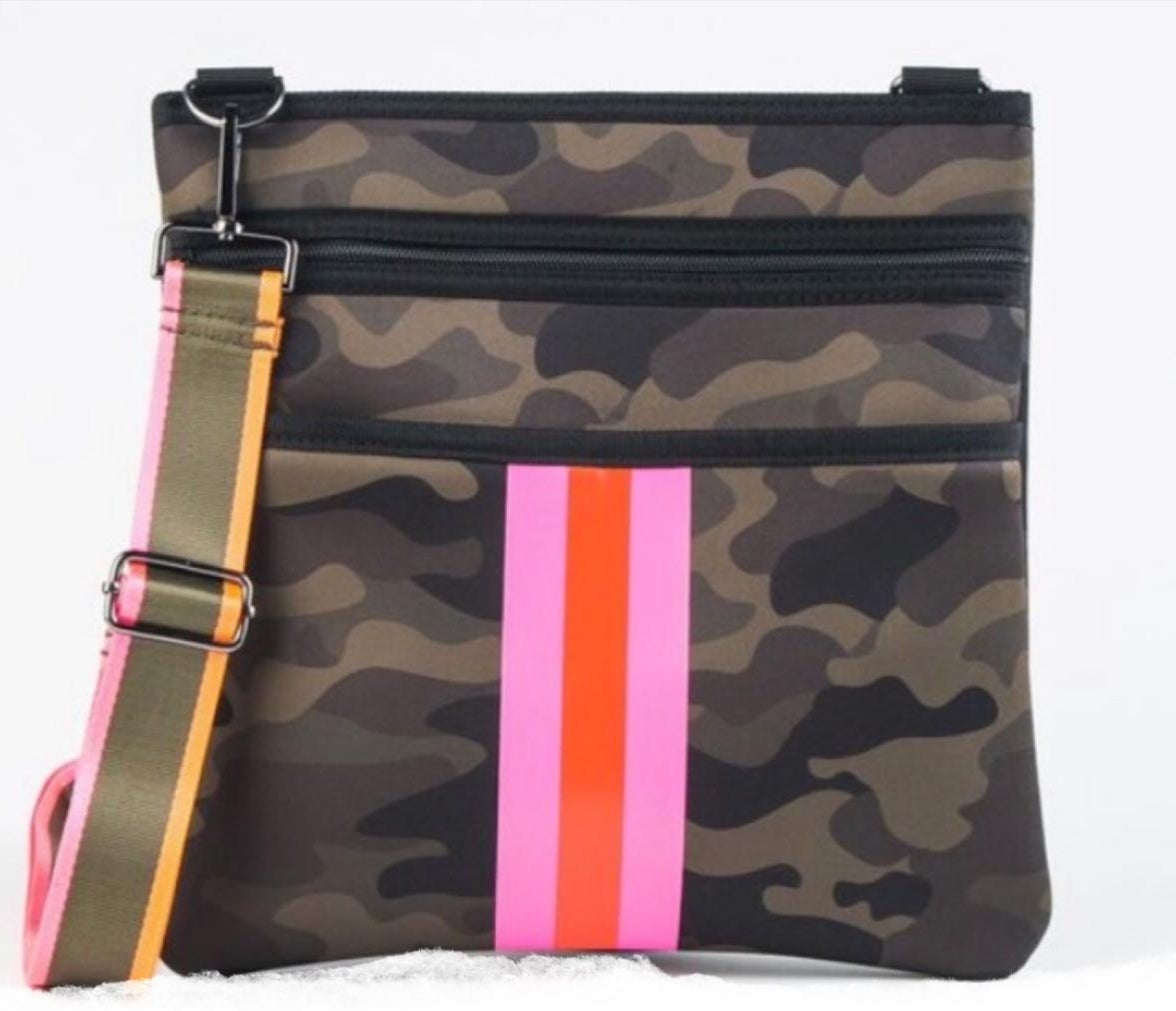 Camo crossbody bag with pink stripe hot sale